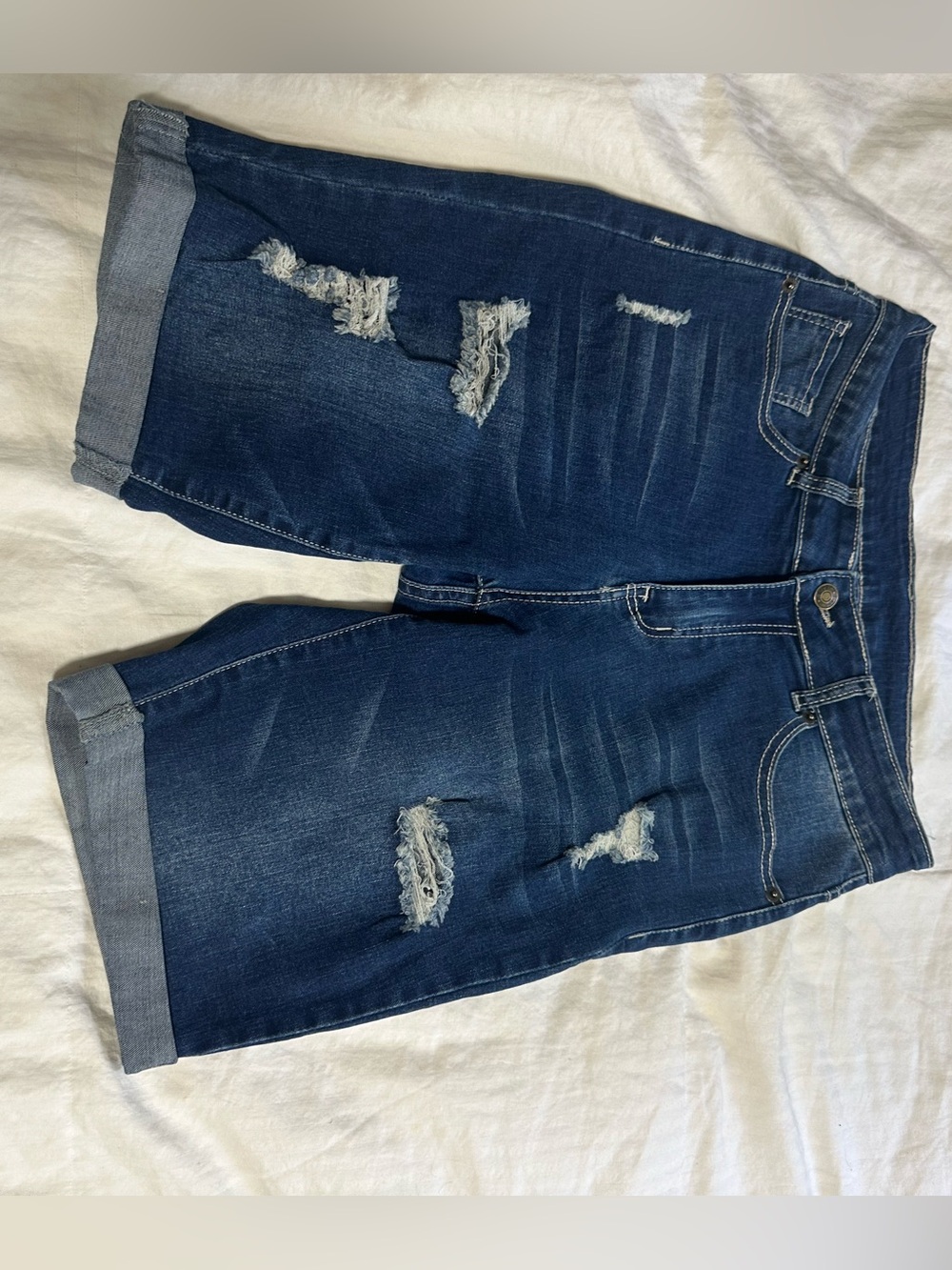 Dark Wash Distressed Denim Bermuda Shorts